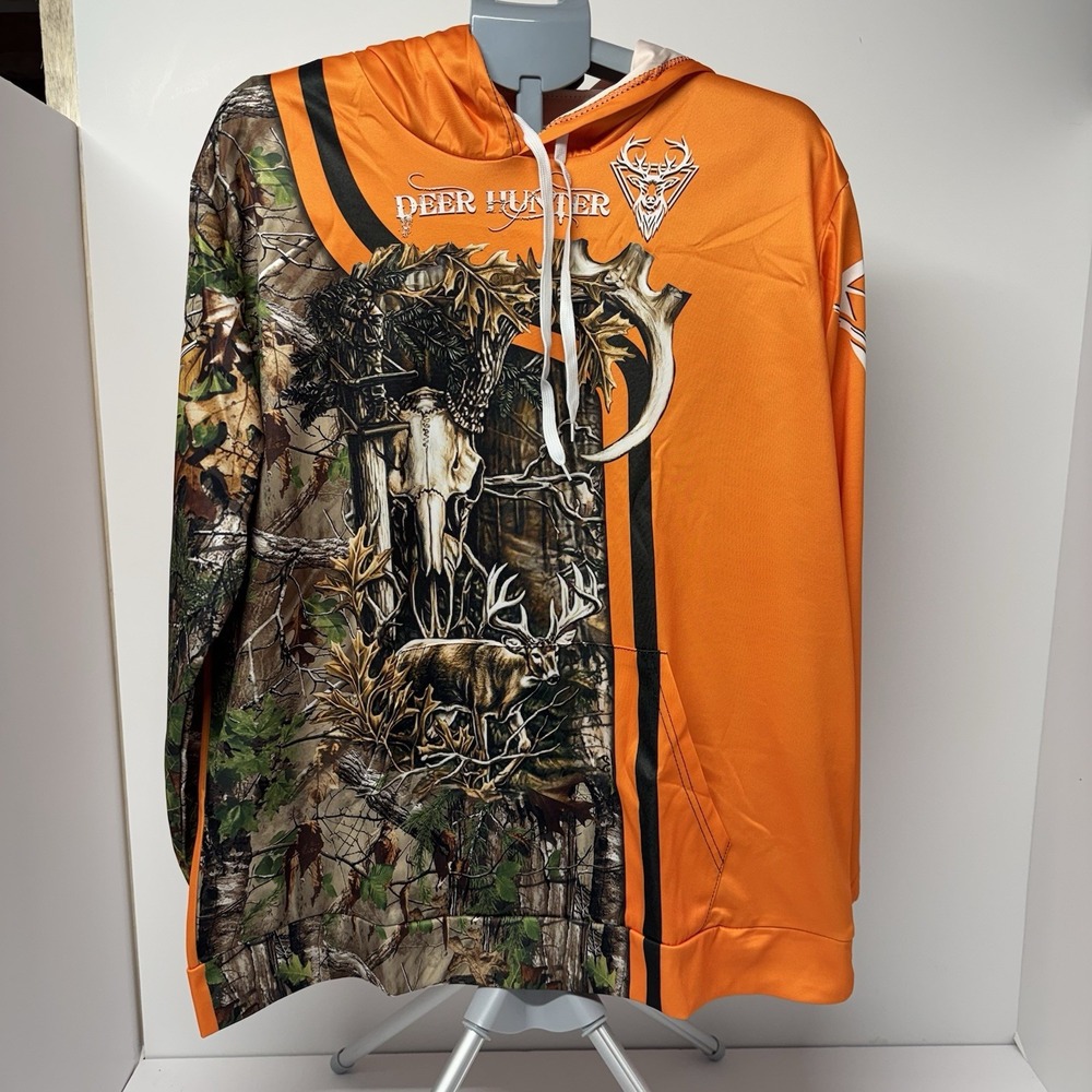 Men's Deer Hunter Hoodie XXL Blaze Orange Camo Buck Hunting Pullover NWT